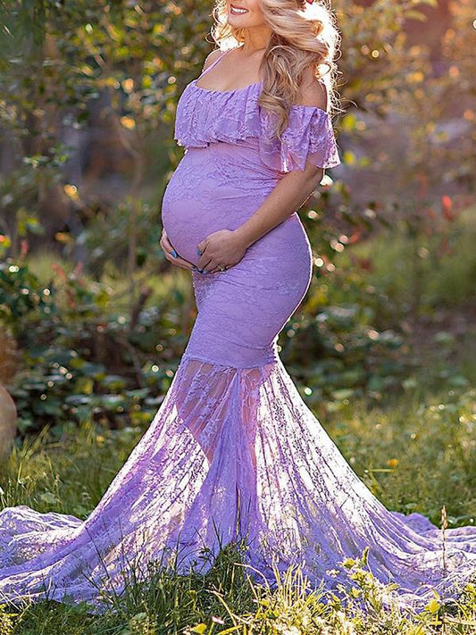 Seindeal Lace Ruffle Off Shoulder Mermaid Condole Photoshoot Maternity Maxi Dress