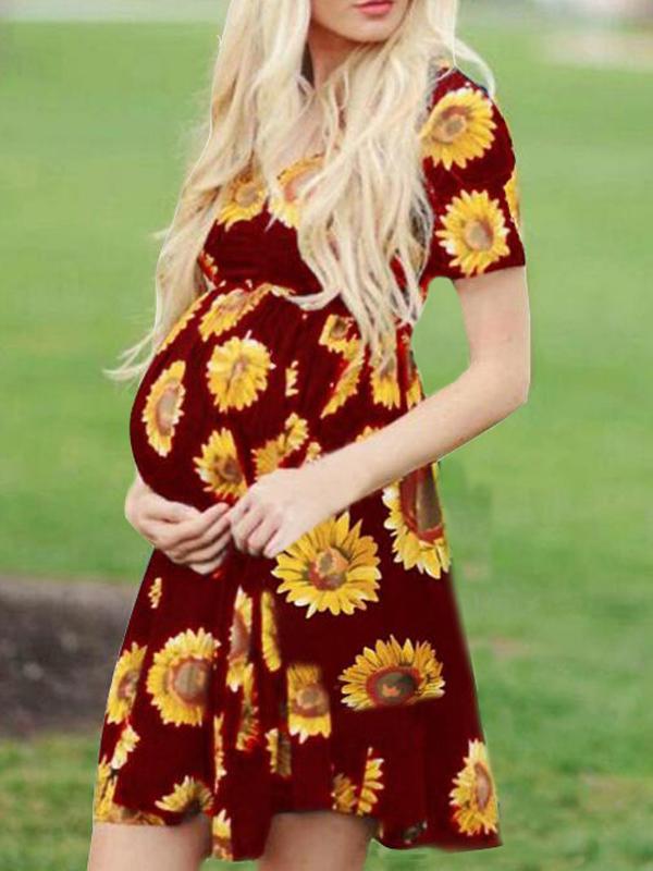 Sunflower Pattern Draped Sashes Pleated Maternity Mini Dress Summer