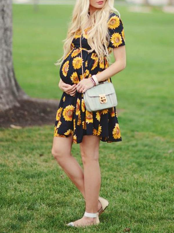 Sunflower Pattern Draped Sashes Pleated Maternity Mini Dress Summer