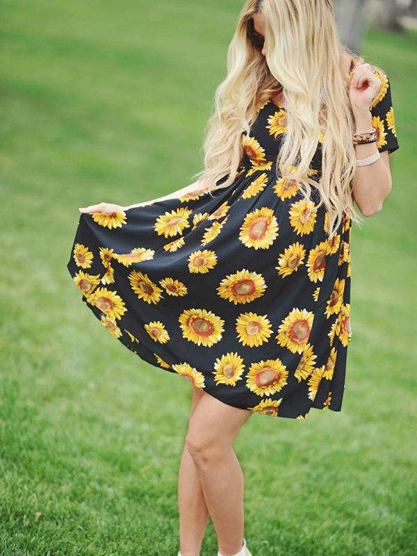 Sunflower Pattern Draped Sashes Pleated Maternity Mini Dress Summer