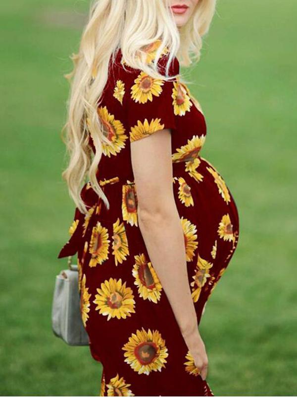 Sunflower Pattern Draped Sashes Pleated Maternity Mini Dress Summer