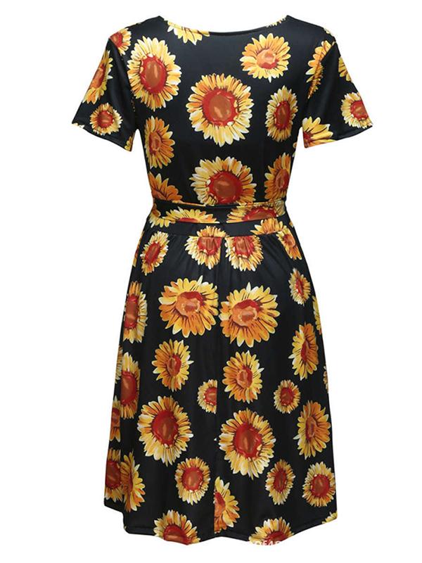 Sunflower Pattern Draped Sashes Pleated Maternity Mini Dress Summer