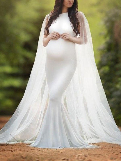 Seindeal Maxi Maternity Dress for Baby Shower Bodycon Mermaid Cloak White