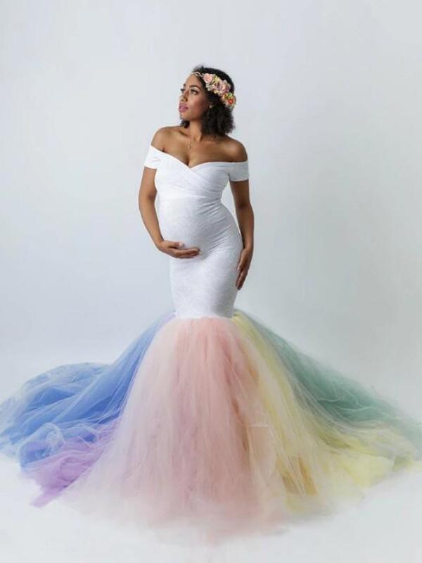 Seidneal Rainbow Tutu Maternity Dress for Baby Shower Off Shoulder Mermaid Gowns Gender Reveal Dresses