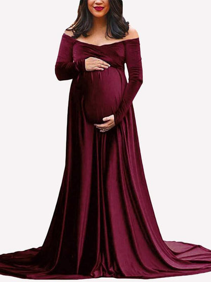 Seindeal Pleuche Off Shoulder Long Sleeve Babyshower Mermaid Maternity Dress