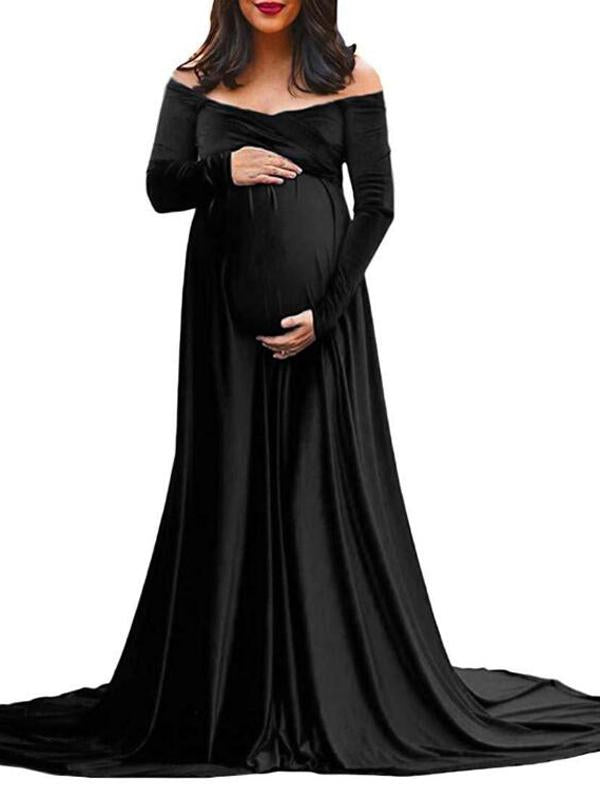 Seindeal Pleuche Off Shoulder Long Sleeve Babyshower Mermaid Maternity Dress