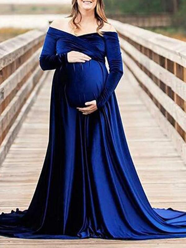 Seindeal Pleuche Off Shoulder Long Sleeve Babyshower Mermaid Maternity Dress