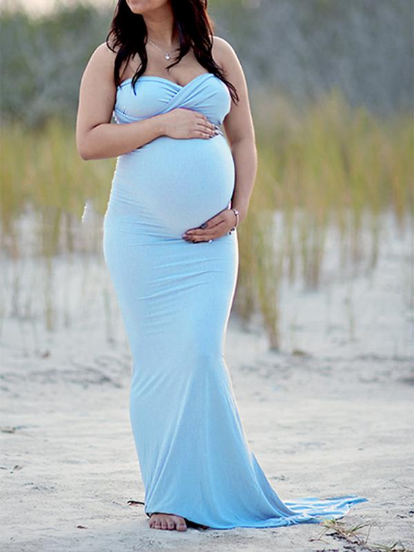 Seindeal Bandeau Off-Shoulder Sleeveless Babyshower Maxi Maternity Dress