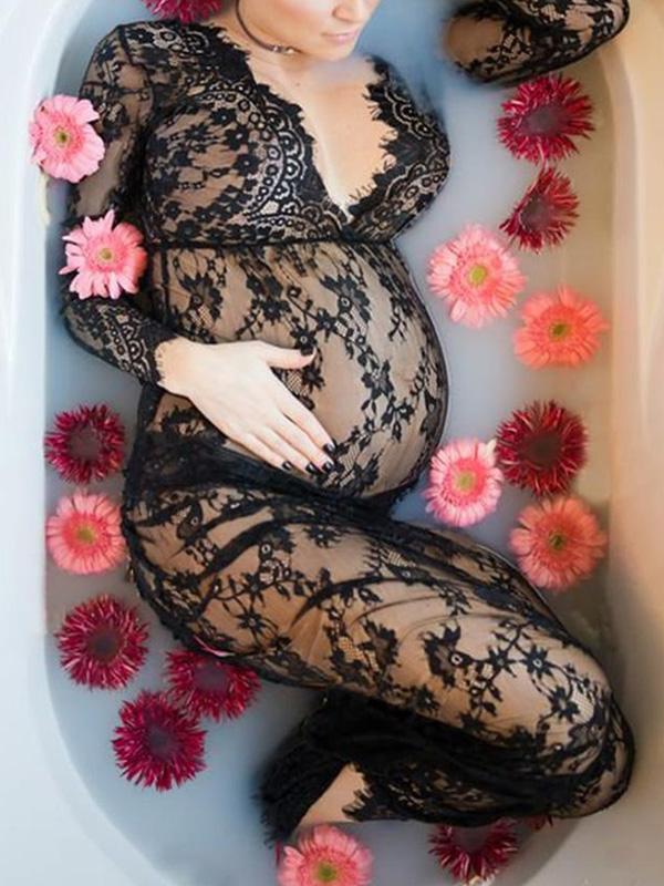 Lace V-neck Long Sleeve Fashion Maternity Dress