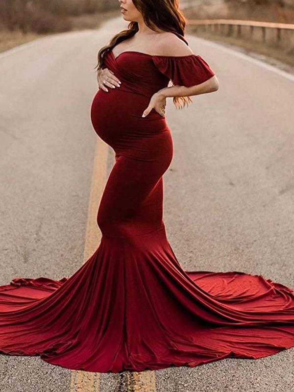 Seindeal Mermaid Babyshower Maternity Ruffle Off Shoulder Draped Maxi Dress for Photography