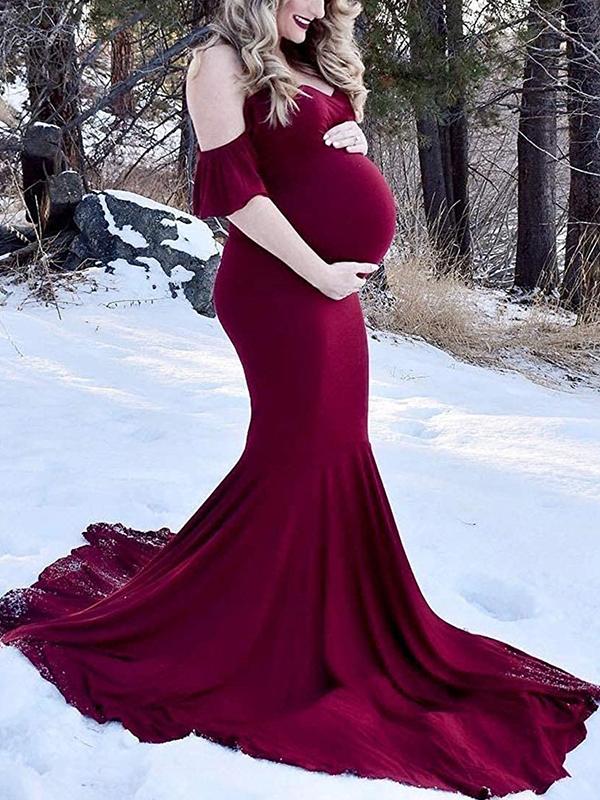 Seindeal Mermaid Babyshower Maternity Ruffle Off Shoulder Draped Maxi Dress for Photography