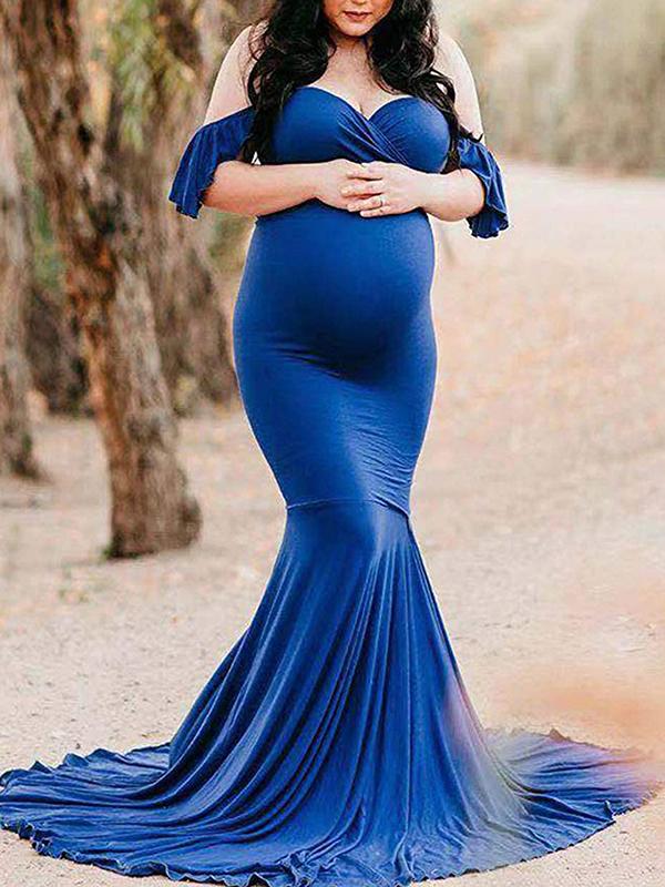 Seindeal Mermaid Babyshower Maternity Ruffle Off Shoulder Draped Maxi Dress for Photography