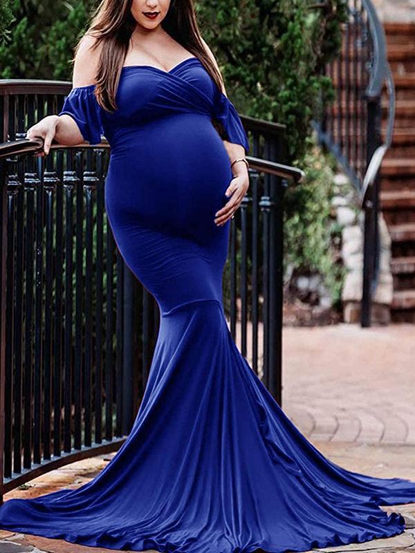 Seindeal Mermaid Babyshower Maternity Ruffle Off Shoulder Draped Maxi Dress for Photography