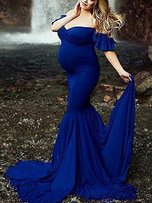 Seindeal Mermaid Babyshower Maternity Ruffle Off Shoulder Draped Maxi Dress for Photography