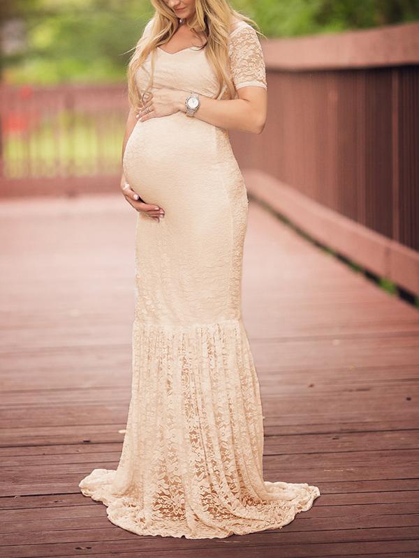 Seindeal Lace Draped Off Shoulder Short Sleeve Maternity Photoshoot Maxi Dress