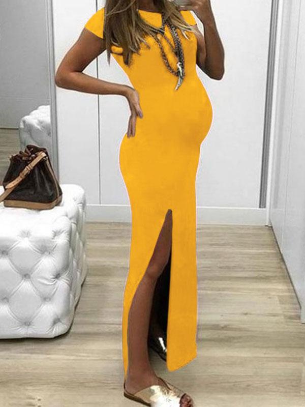 Side Slit Bodycon Round Neck Short Sleeve Casual Maxi Maternity Dress