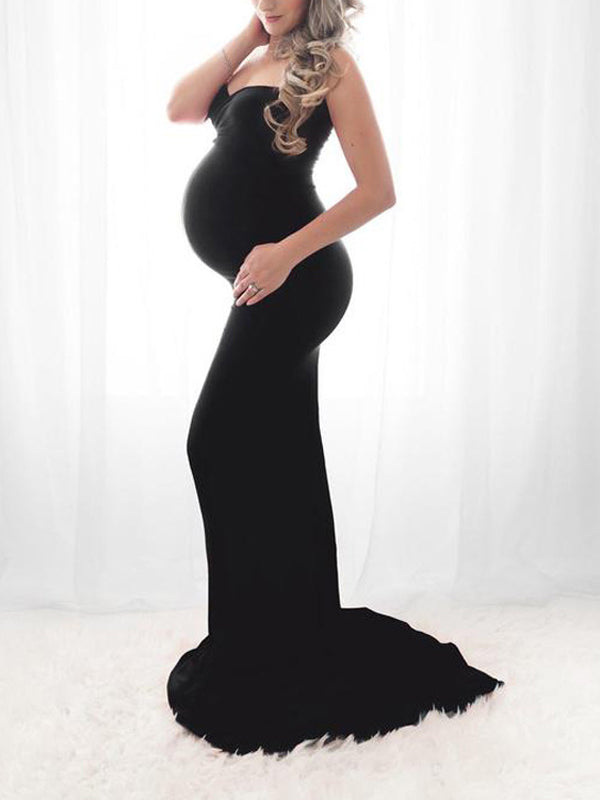 Seindeal Bandeau Off-Shoulder Sleeveless Babyshower Maxi Maternity Dress