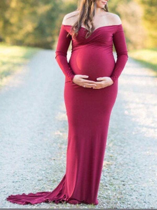 Seindeal Off Shoulder V-neck Maxi Maternity Photoshoot Dresses for Pregnancy