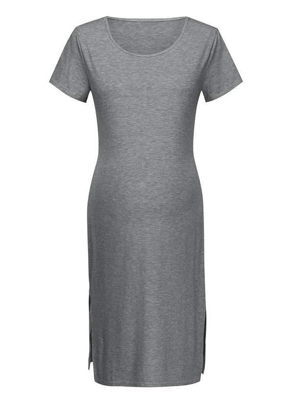 Slit Bodycon Round Neck Short Sleeve Maternity Casual Midi Dress