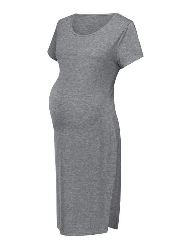 Slit Bodycon Round Neck Short Sleeve Maternity Casual Midi Dress