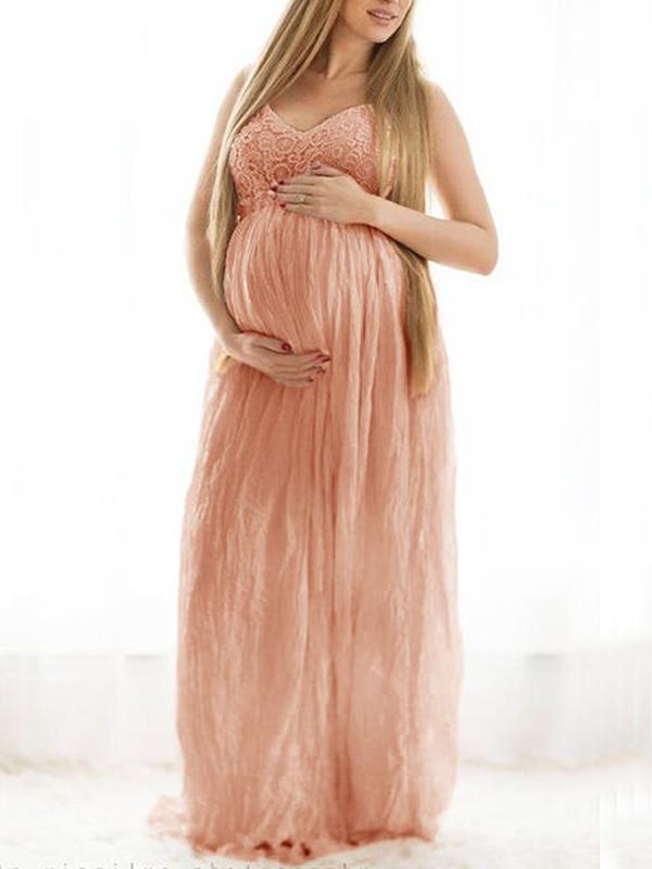 Lace Backless Pleated Spaghetti Strap V-neck Wedding Maternity Maxi Dress