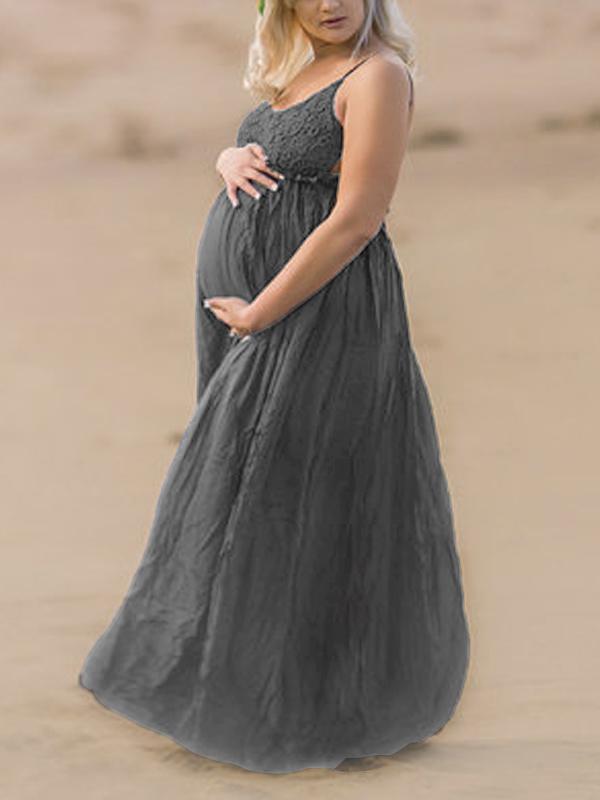 Lace Backless Pleated Spaghetti Strap V-neck Wedding Maternity Maxi Dress