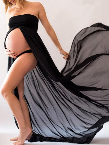 Bandeau Draped Slit Maternity Maxi Dress For Babyshower