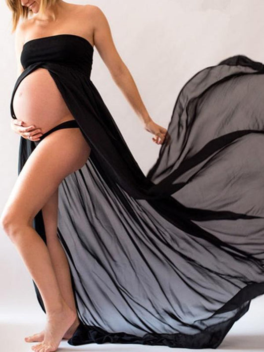 Bandeau Draped Slit Maternity Maxi Dress For Babyshower