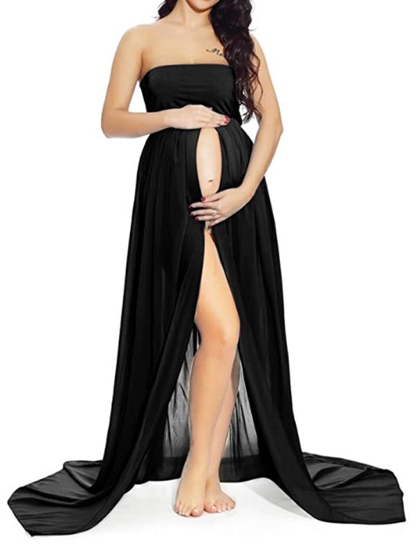 Bandeau Draped Slit Maternity Maxi Dress For Babyshower