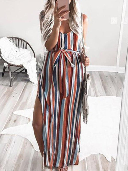 Rainbow Striped Slit Sashes Round Neck Sleeveless Maternity Dress