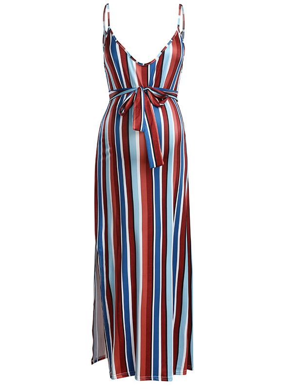 Rainbow Striped Slit Sashes Round Neck Sleeveless Maternity Dress