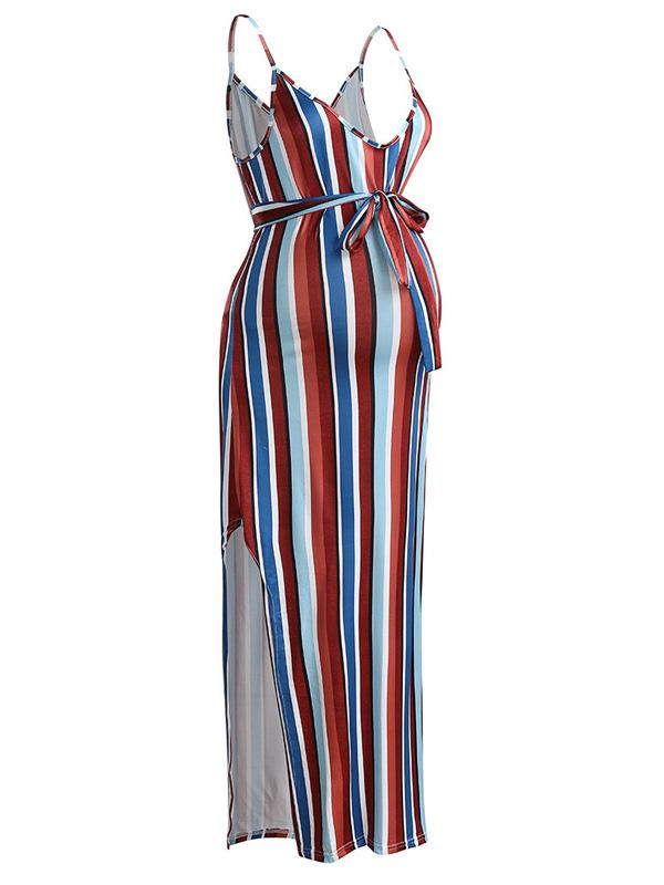 Rainbow Striped Slit Sashes Round Neck Sleeveless Maternity Dress