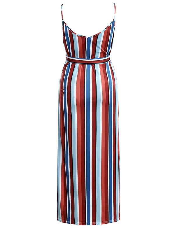 Rainbow Striped Slit Sashes Round Neck Sleeveless Maternity Dress