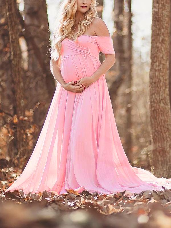 Seindeal Off Shoulder Chiffon Photoshoot Long Flowy Maternity Dress for Baby Shower Boho