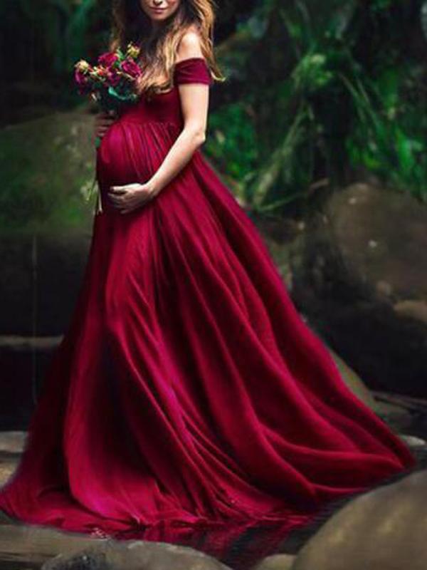 Seindeal Off Shoulder Chiffon Photoshoot Long Flowy Maternity Dress for Baby Shower Boho