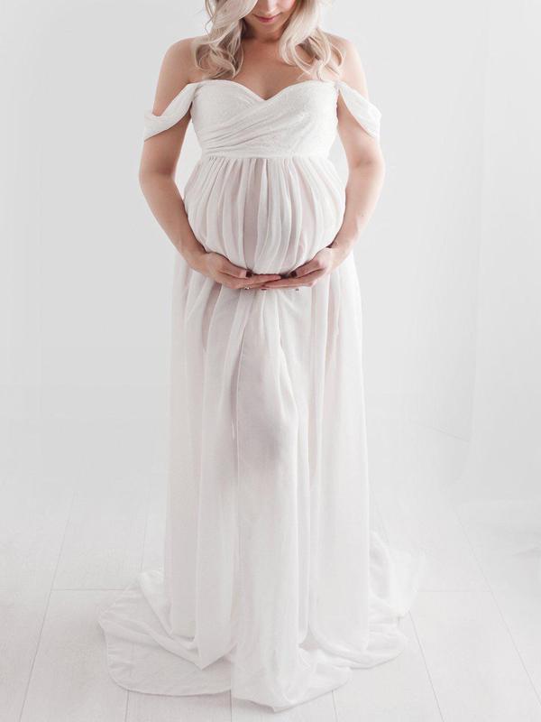 Slit Off Shoulder Photoshot Flowy Maxi Maternity Dress