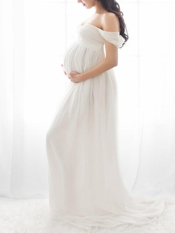 Slit Off Shoulder Photoshot Flowy Maxi Maternity Dress