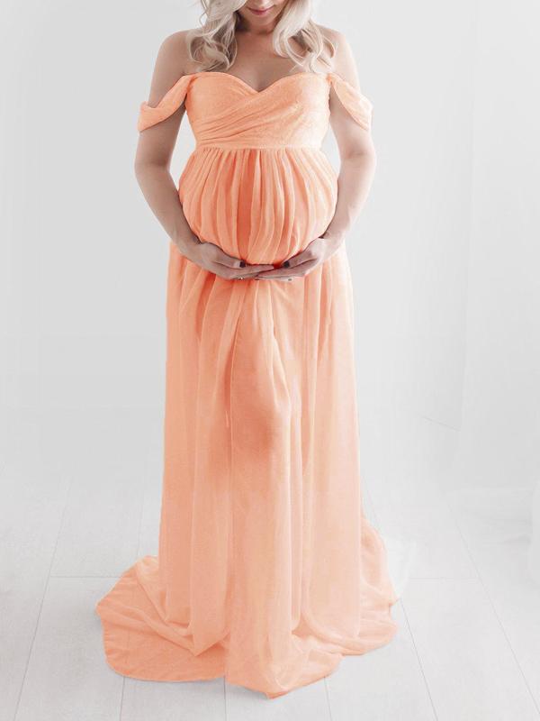 Slit Off Shoulder Photoshot Flowy Maxi Maternity Dress