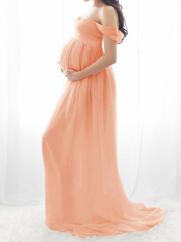 Slit Off Shoulder Photoshot Flowy Maxi Maternity Dress