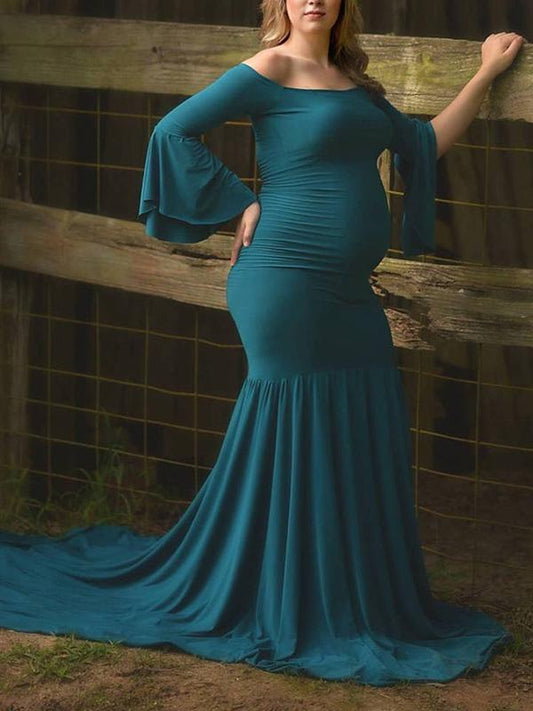 Draped For Babyshower Off Shoulder Long Sleeve Maternity Dress