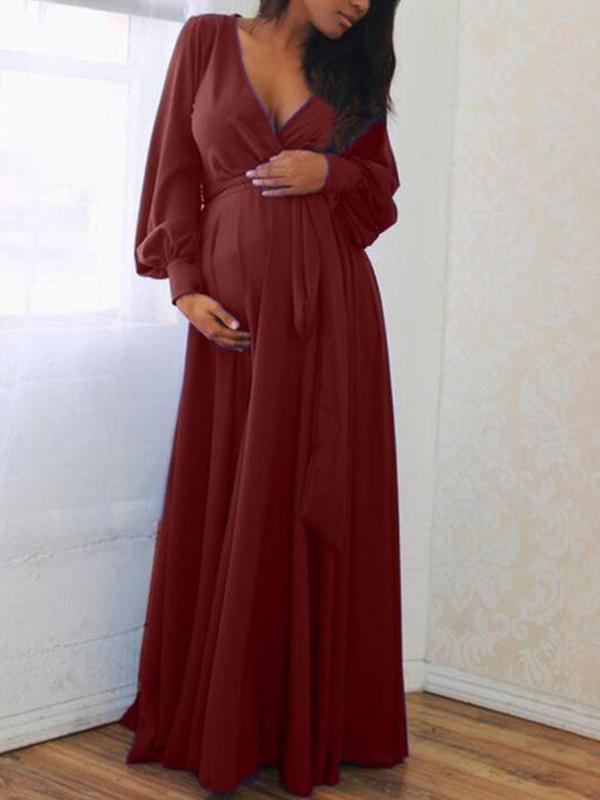 Seindeal Long Sleeve Sashes Draped Baby Shower Party Maternity Dress