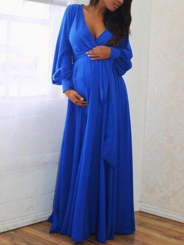 Seindeal Long Sleeve Sashes Draped Baby Shower Party Maternity Dress