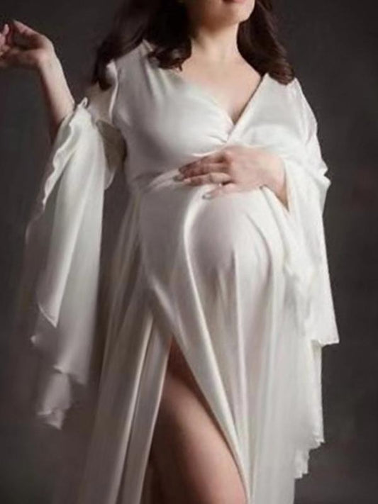 Sashes V-neck Flare Sleeve Slit Babyshower Maternity Maxi Dress