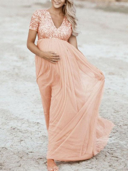 Pink Sequins Glitter V-Neck Short Sleeves Elegant Maternity Dress Maxi Dress For Pregnant Women Photo Shoot