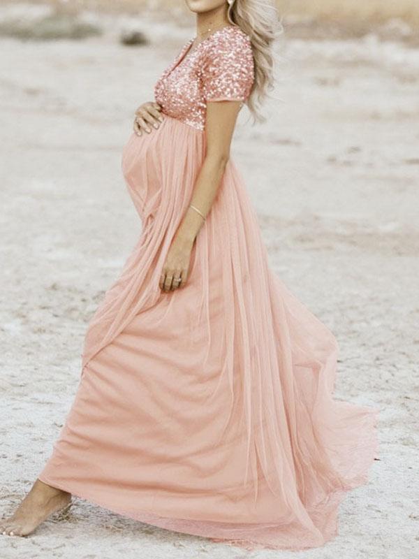 Pink Sequins Glitter V-Neck Short Sleeves Elegant Maternity Dress Maxi Dress For Pregnant Women Photo Shoot