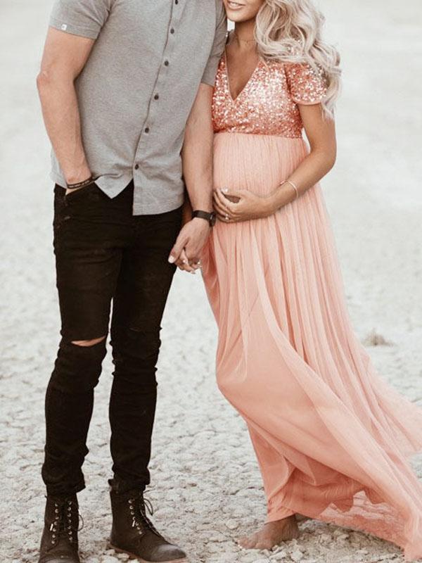 Pink Sequins Glitter V-Neck Short Sleeves Elegant Maternity Dress Maxi Dress For Pregnant Women Photo Shoot