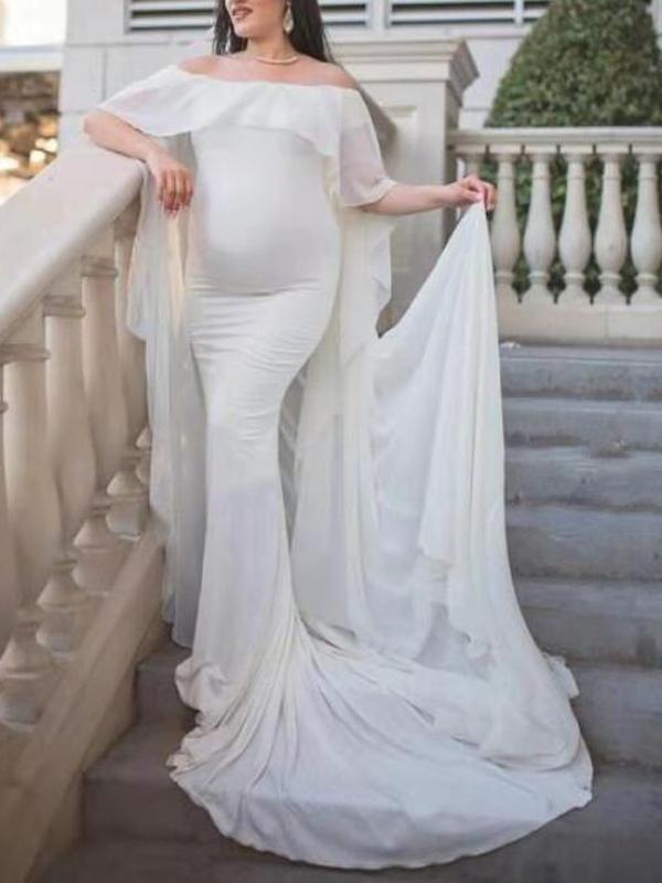 Ruffle Off Shoulder Photoshoot Cape Maternity Maxi Dress