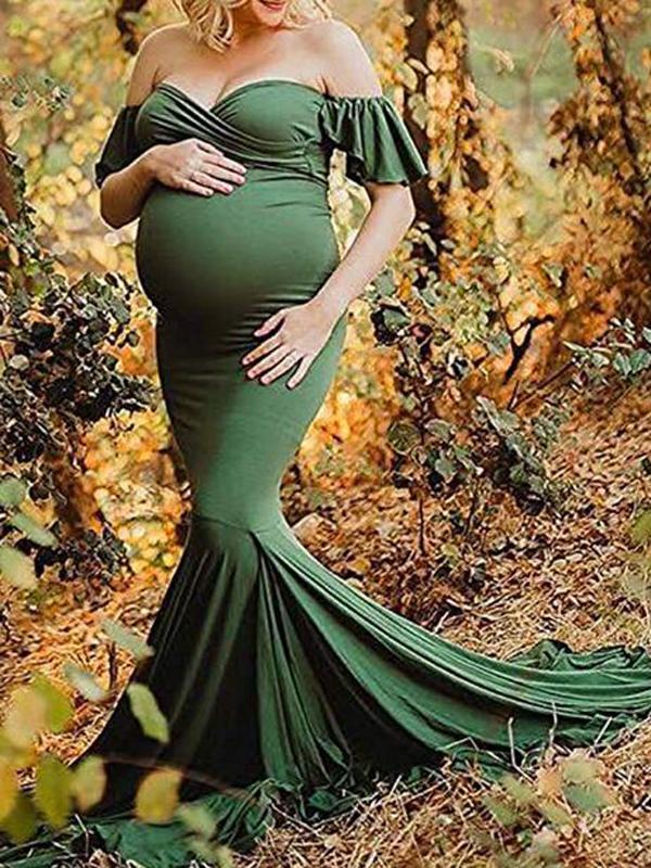 Seindeal Mermaid Babyshower Maternity Ruffle Off Shoulder Draped Maxi Dress for Photography