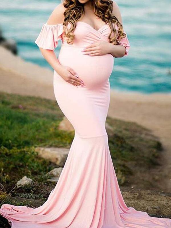 Seindeal Mermaid Babyshower Maternity Ruffle Off Shoulder Draped Maxi Dress for Photography