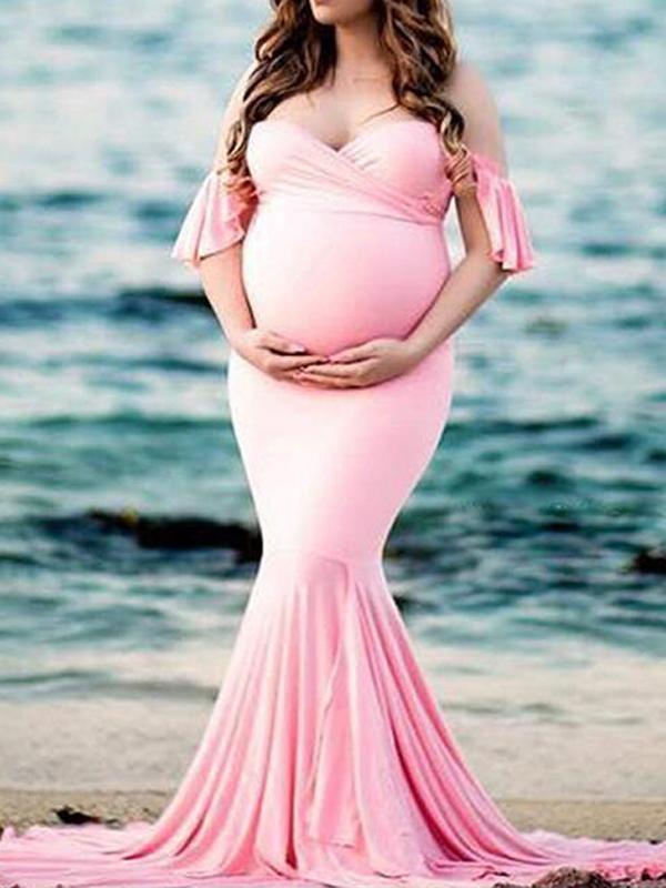 Seindeal Mermaid Babyshower Maternity Ruffle Off Shoulder Draped Maxi Dress for Photography